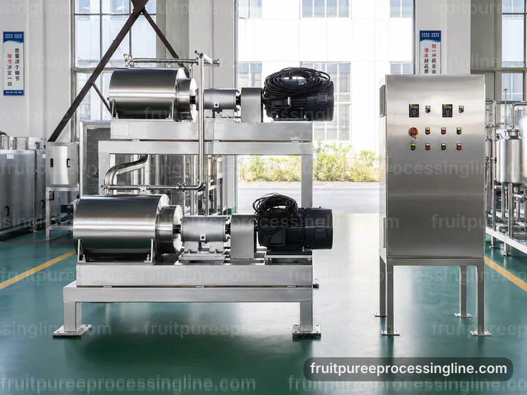 industrial fruit puree processing line, process scope and configuration: pulping followed by fine refinement section connection view