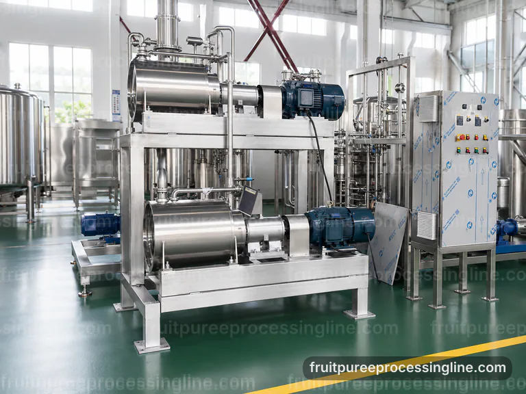 industrial fruit puree processing line, hygienic design: pulping followed by fine refinement section connection view