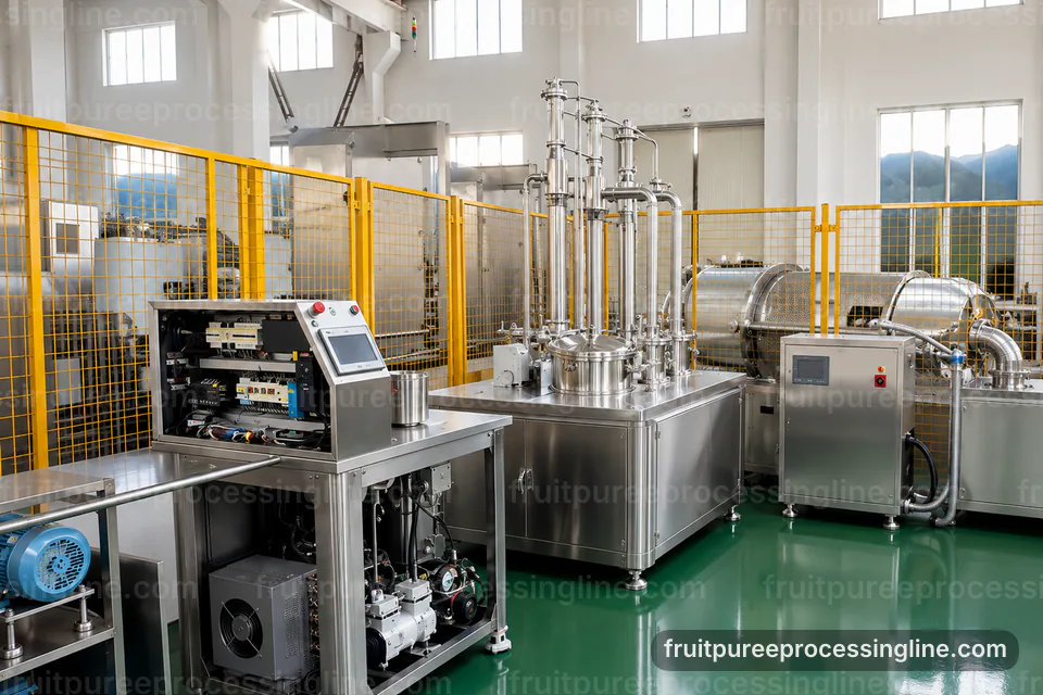 industrial fruit puree processing line, plant integration: pulping followed by fine refinement section operating stage