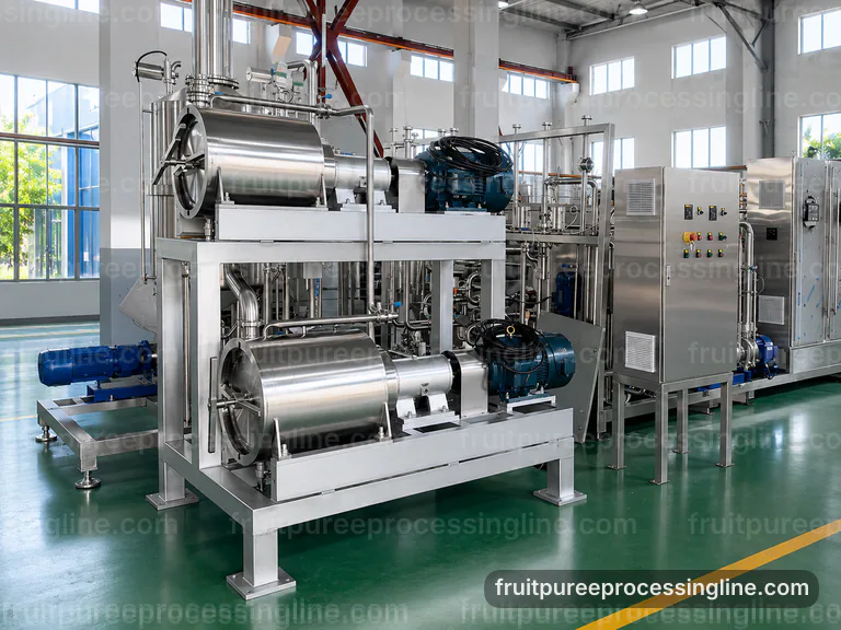 industrial fruit puree processing line, feed and output handling: pulping followed by fine refinement section connection view