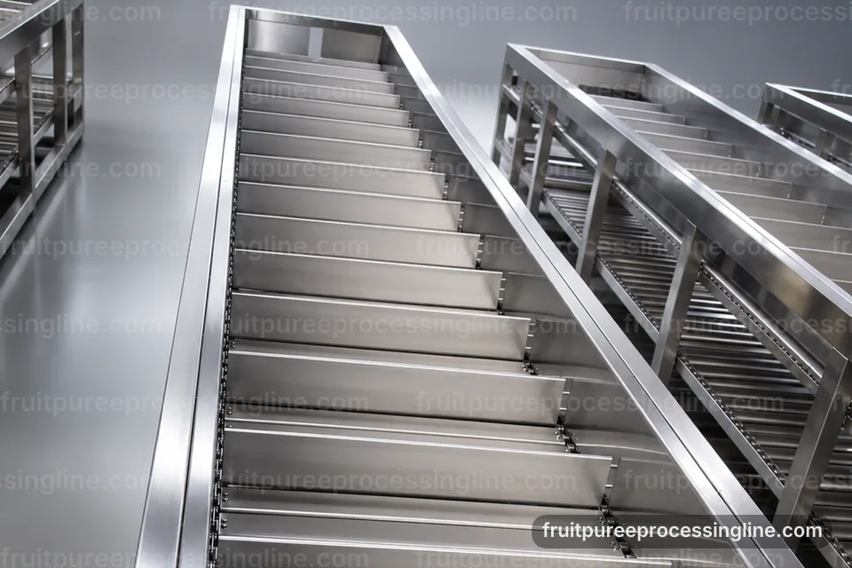 industrial fruit puree processing line, feed and output handling: two stage puree refiner operating stage