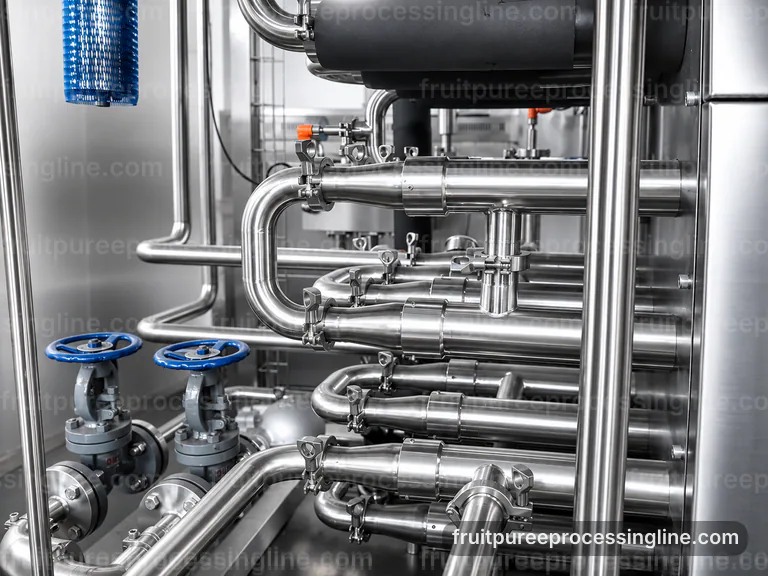 industrial fruit puree processing line, performance troubleshooting: two stage puree refiner connection view