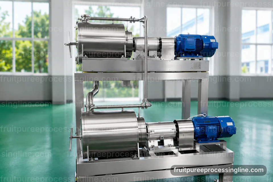 industrial fruit puree processing line, configuration options: pulping followed by fine refinement section operating stage