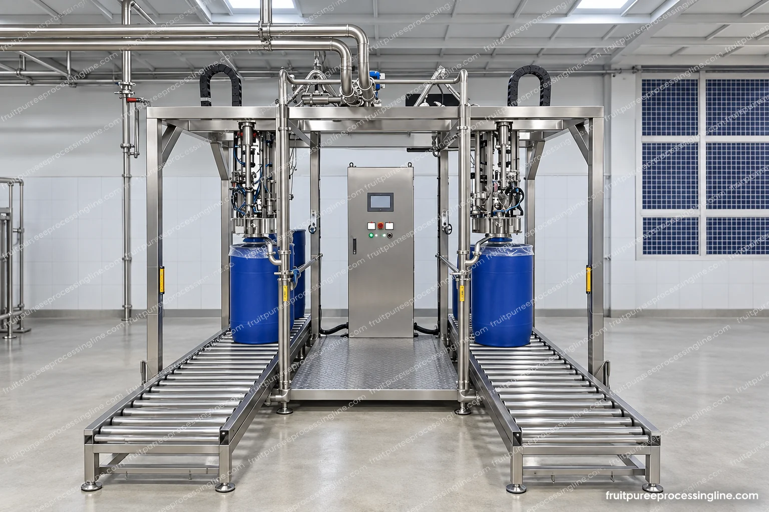 Aseptic bag-filling assembly with two working positions and drum-support handling.