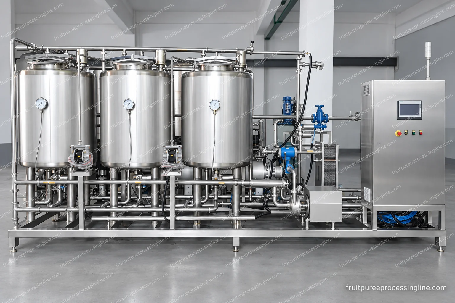 Three-vessel cleaning system with pumps, valves, pipework and operating access.