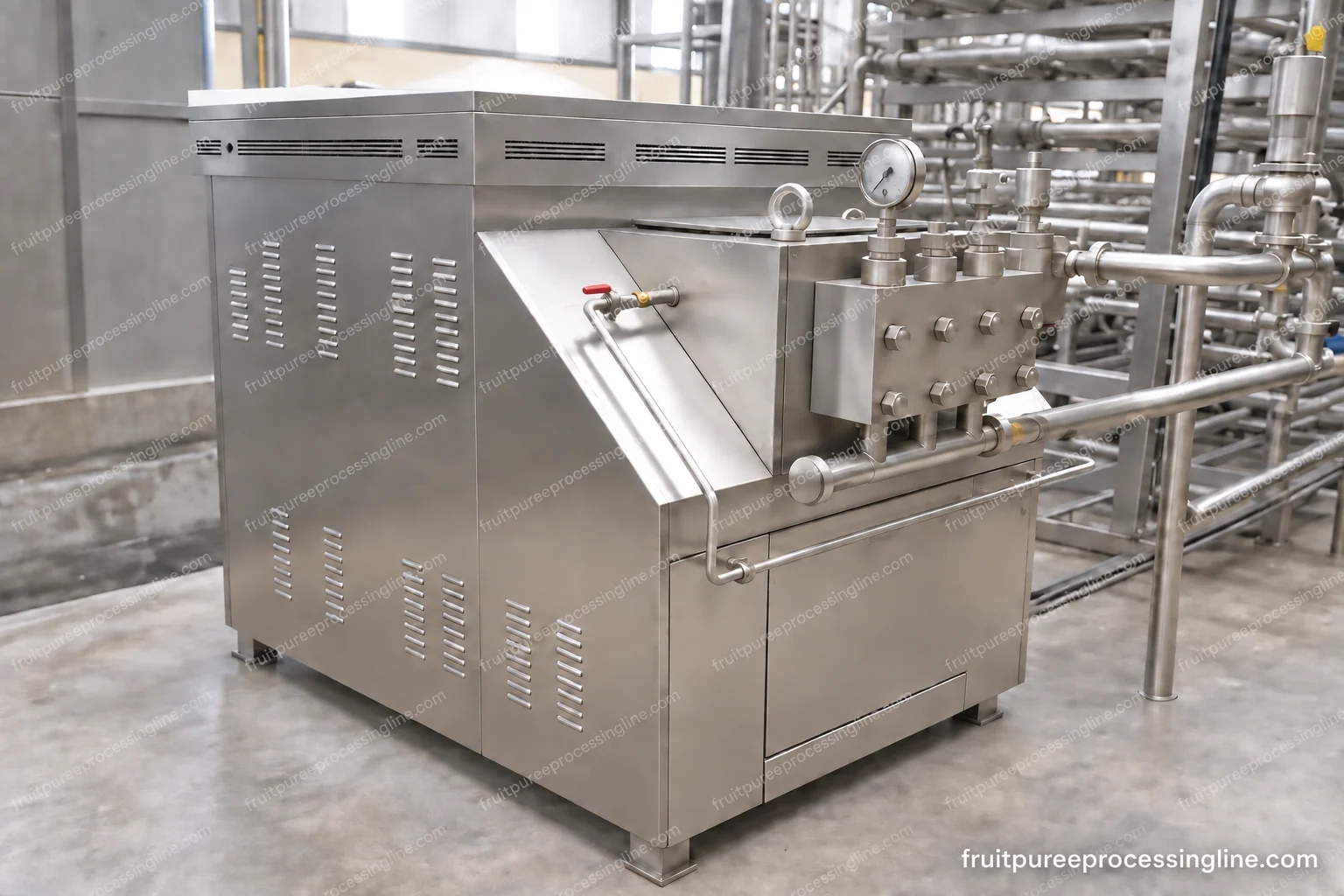 Industrial pressure-homogenizing assembly with front pressure block, gauges and connected product pipework.