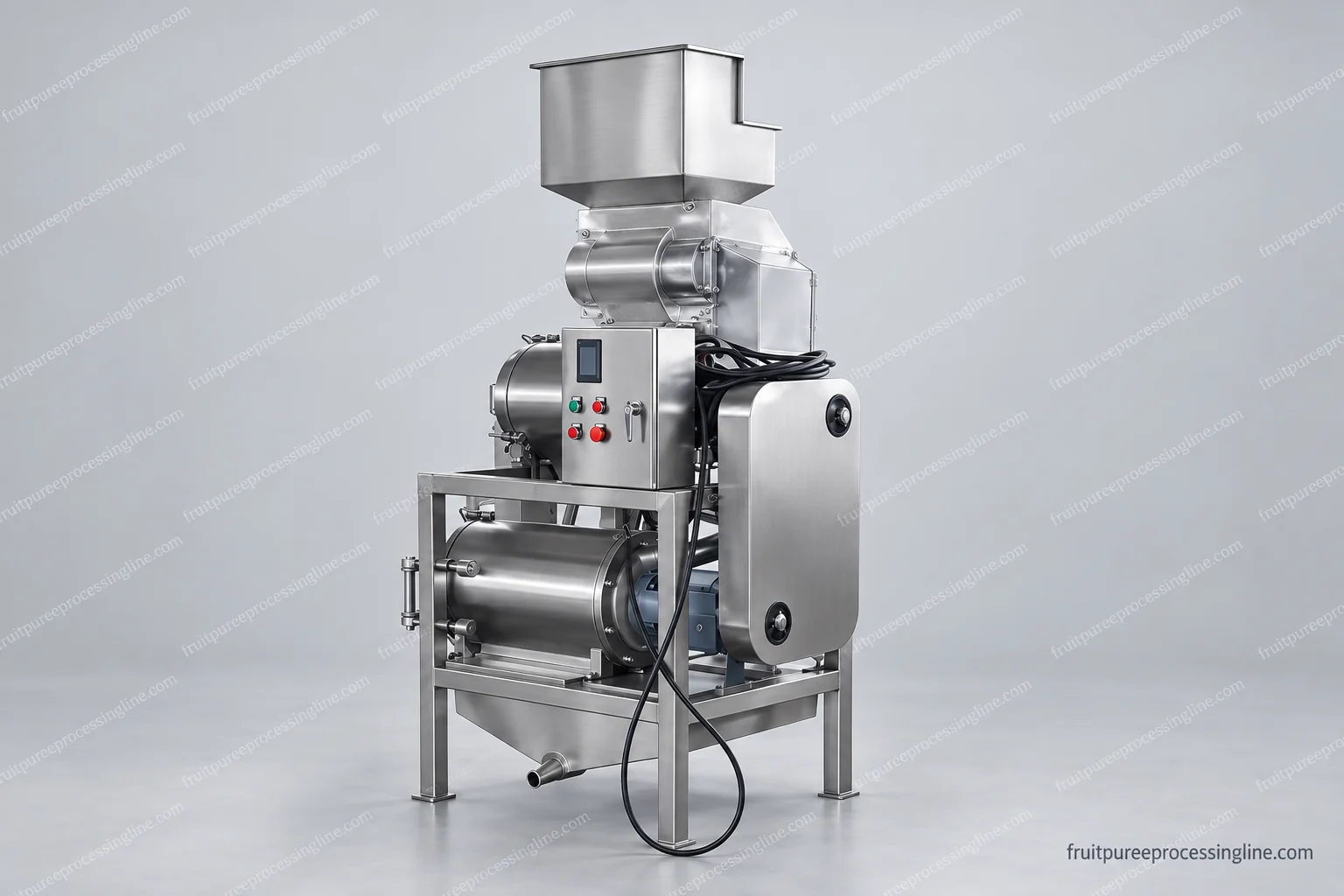 Compact mango preparation assembly with hopper, processing chambers and separate discharge paths.