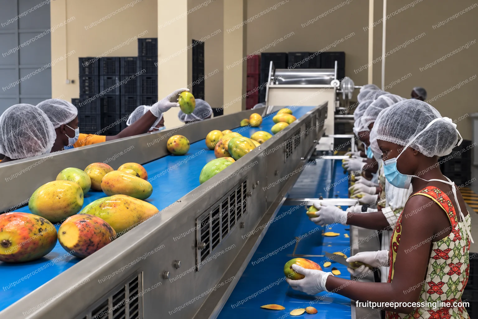 Operators inspecting and manually preparing mangoes at a conveyor work area.