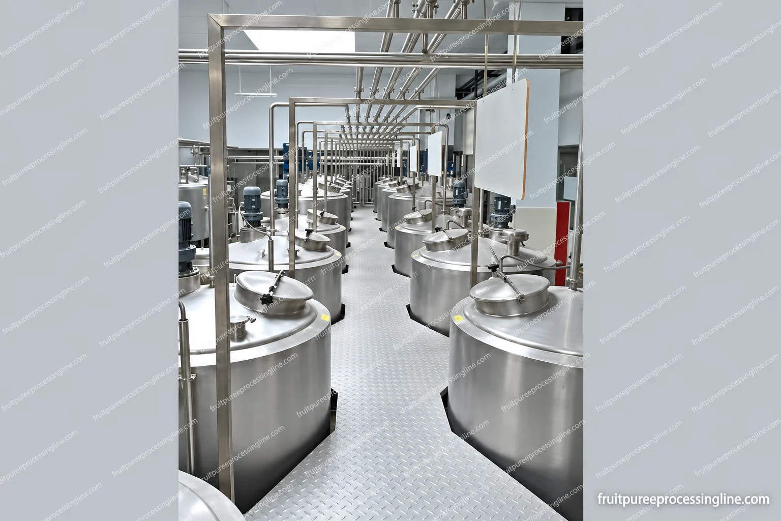 An industrial vessel row with top drives, lids, shared pipework and a central operating walkway.