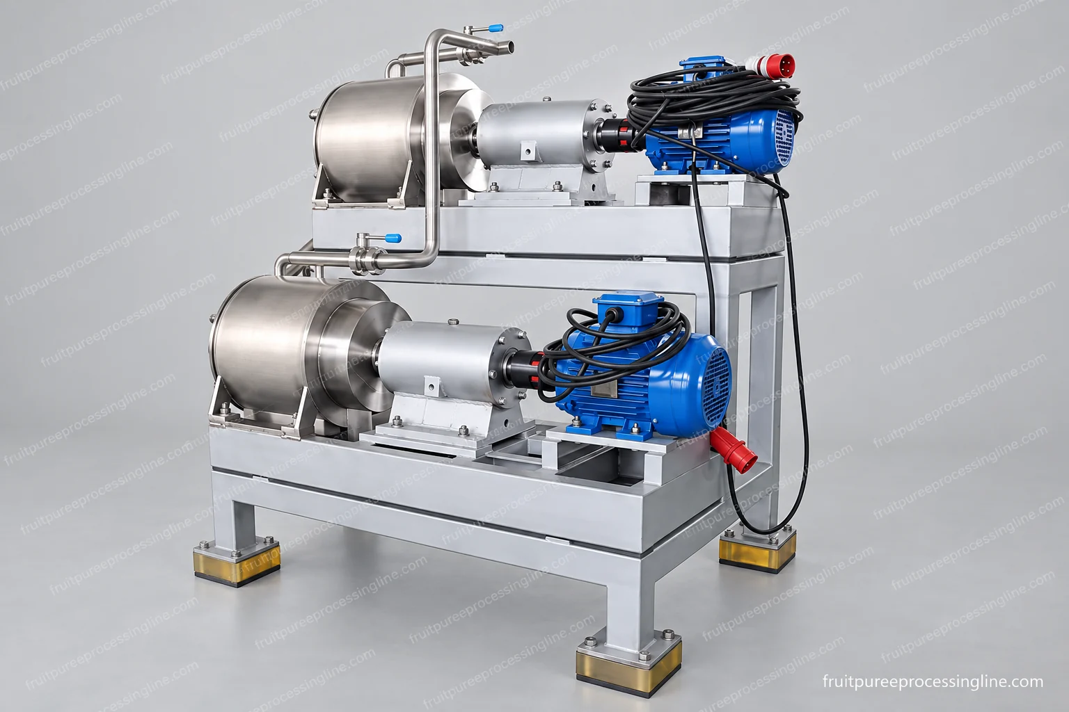 Two cylindrical pulping/refining stages with separate drives and an interstage product connection.
