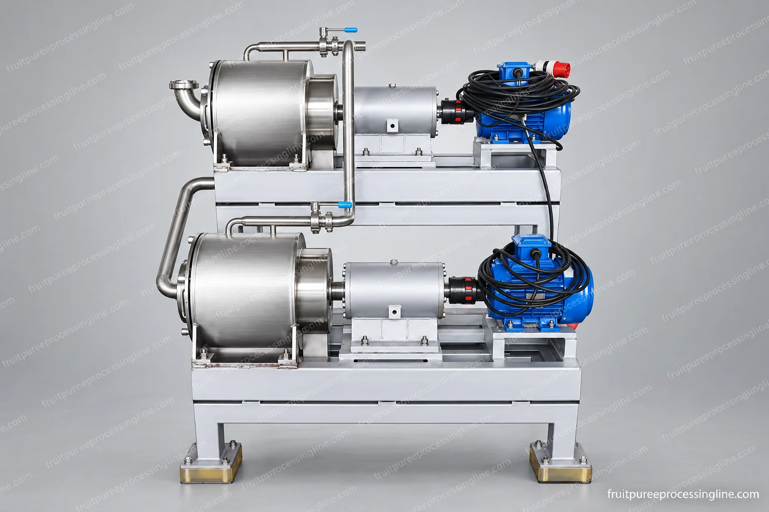Two cylindrical pulping/refining stages with separate drives and an interstage product connection.