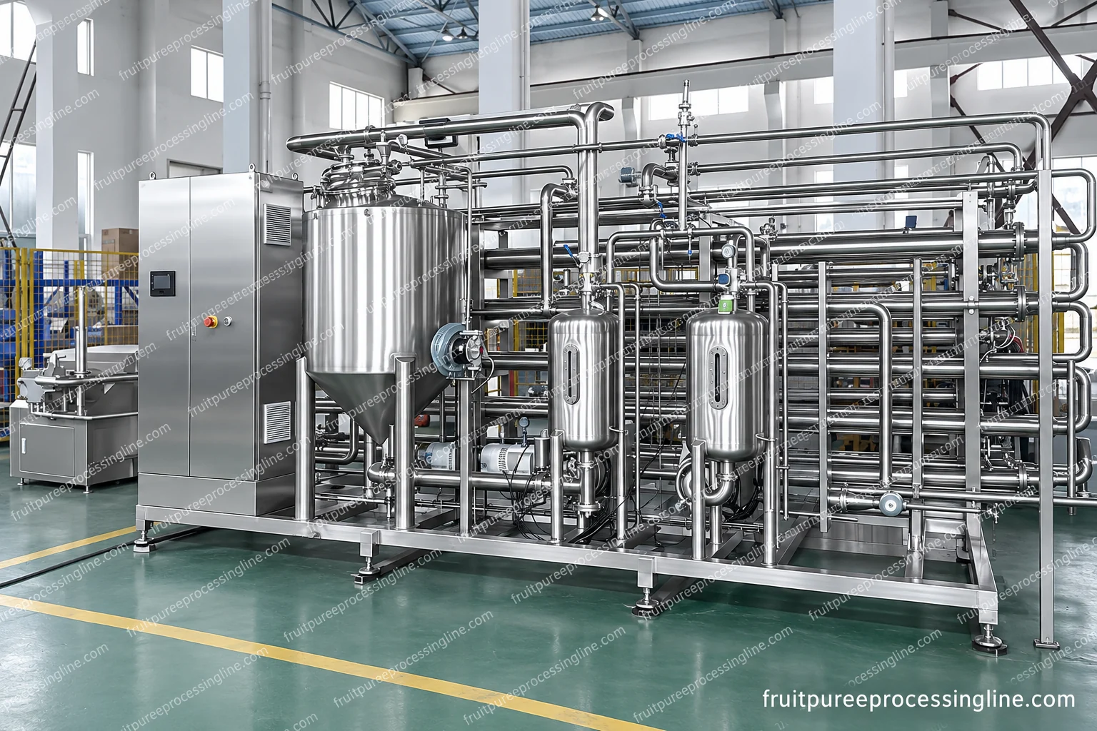 Straight thermal passages, service pipework, vessels and control enclosure in an equipment assembly area.